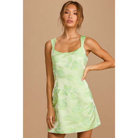 Lulus Brighter Side Light Green Floral Satin Jacquard Mini Dress - Size M - Picture 1 of 2